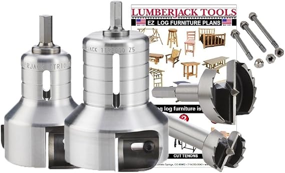 Lumberjack Tools Tenon Cutter Kit for Log Furniture, 1" & 2" Cutters & Forstner Bits, Pro Series Aluminum, 1/2" Shank, Dual Blades Create a Radius Shoulder Profile, Made in USA