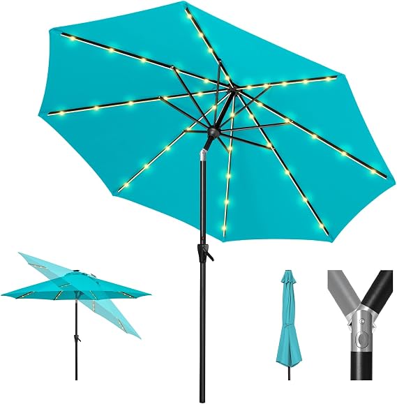 Tempera Patio LED Umbrella with Light | Solar Outdoor Umbrella | Market Table Parasol with Push Button Tilt and Crank, with Sturdy Pole & Fade Resistant Canopy, Easy to Set