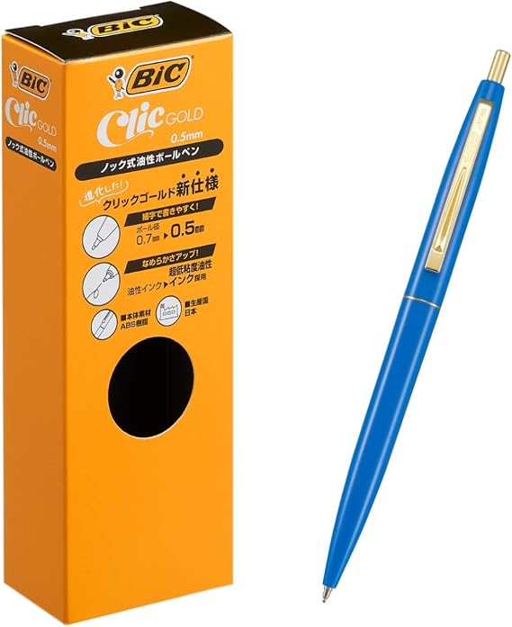 Big CFCGBLU05BLKJ Ballpoint Pen, Click Gold, 0.5, Oil-based, Black, Smooth, Blue Shaft, 12 Pieces
