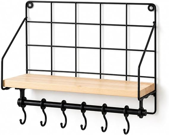 Orret Home Duvara Asılabilir Yapışkanlı Raf ve 6 Kancalı Organizer, Ahşap Raflı Metal Mutfak Düzenleyici, Delmeden Monte Edilebilir Askılı Duvar Rafı, Baharatlık, Havluluk, Bardaklık