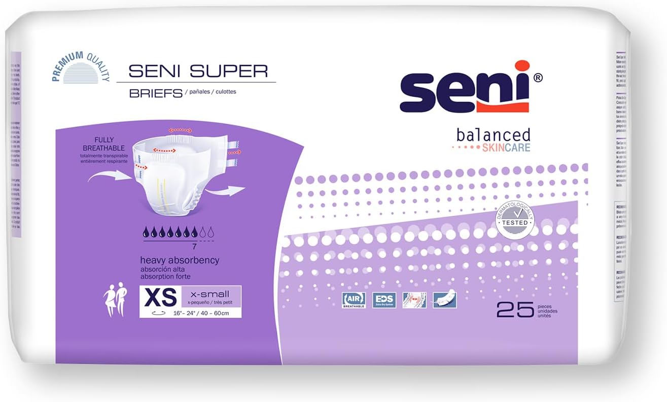 Seni Super Unisex Adult Incontinence Briefs with Tabs, Size X-Small 16-24, 25 Count 1 Pack of 25, Heavy Absorbency, Breathable, Disposable Brief for Men & Women