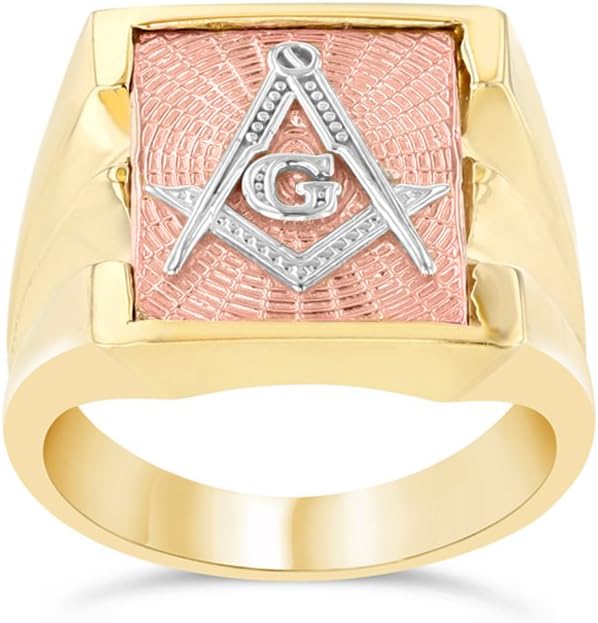 Men's Masonic Freemason Square & Compass Ring in Solid 14k Tri-Color Gold