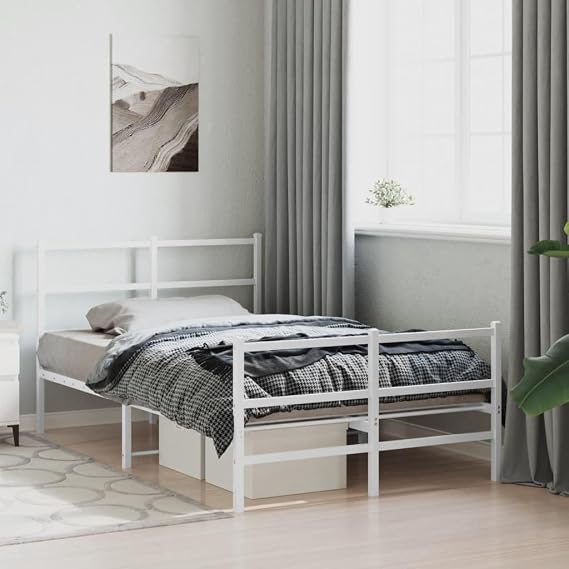 White Metal Bed Frame with Footboard 120x190cm, Sturdy Steel Construction with Metal Slats and Center Legs for Enhanced Support and Breathability, Includes Underbed Storage