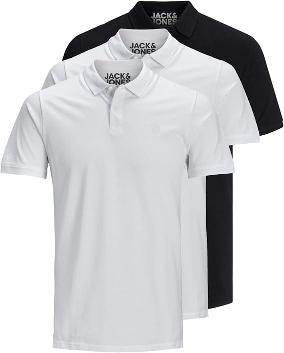 Jack & Jones 12171776 Pack of 3 Men's Polo Shirts Slim Fit Short Sleeve Black White Blue Grey XS S M L XL XXL