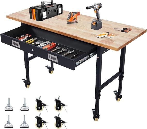 Workbench 60" x 22" Adjustable Height Worktable, Heavy Duty Rubber Wood Top, 2000 LBS Load Capacity, Tool Storage Workstation with Drawer, Pegboard, Power Outlets & Lockable Wheels