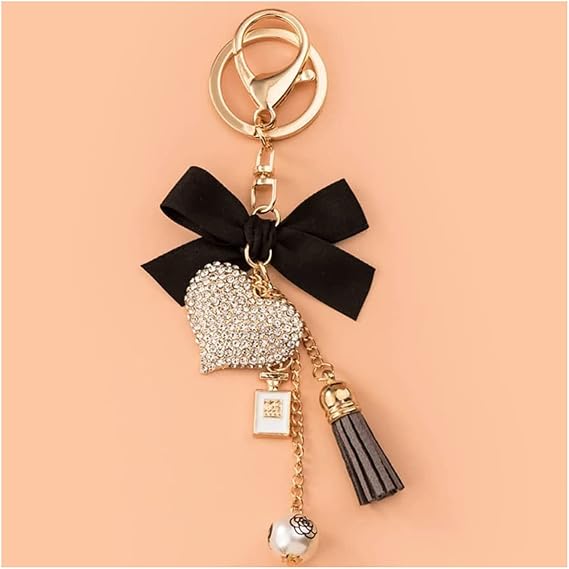 Creative Keychain, Car Key Ring with Cute Crystal Peach Heart, Bow and Tassel Bag Pendant, Gift for Lady Girls(Black)