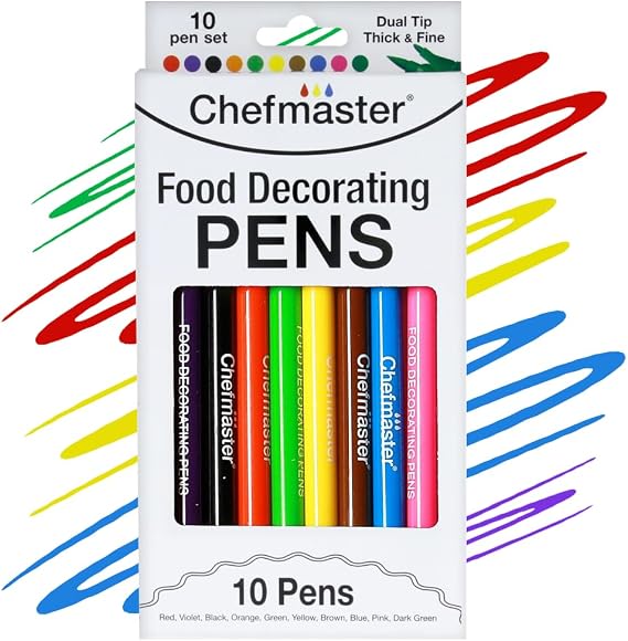Chefmaster - Food Decorating Pens - Edible Markers - 10 Pack - Dual-Tipped Pens, Fade-Resistant Color, Easily Decorate Desserts - Made in the USA