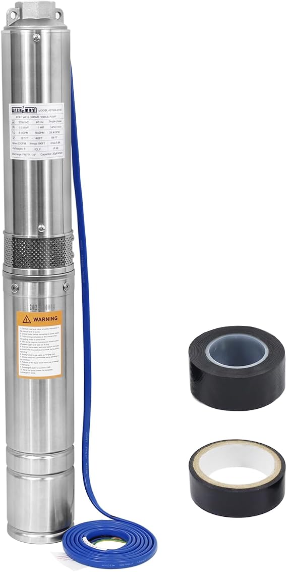 WASSERMANN - 4" Deep Submersible Pump with 10ft Cord, 1HP 115V/60Hz, 34GPM, 60m Head, Stainless Steel Single Phase Water Well Pump for Cities, Irrigation