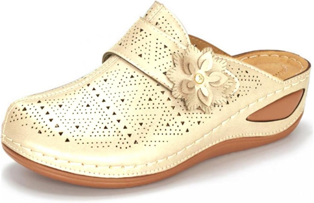JSLOOO Flower Clogs Wedge Sandals for Womens Summer Mules Closed Toe Walking Shoes Casual Hollow Out Slip On Vacation Slippers