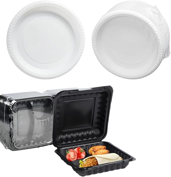 To Go Food Containers 55 Pack 34oz and White Heavy-duty 150 Pack 9-inch Plates