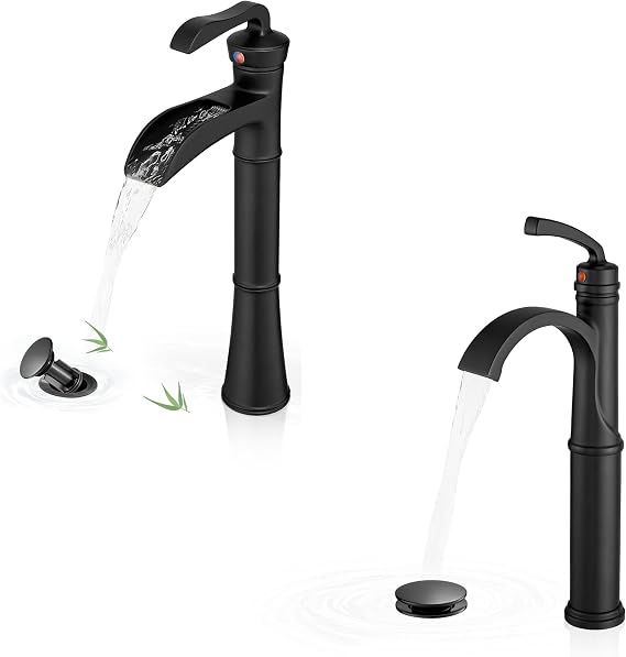 Waterfall Tall Bathroom Faucet Single Hole, Brass Bathroom Vessel Sink Faucet, Black Bathroom Faucets Single Handle, Bathroom Sink Faucet One Hole Single Handle with Supply Hoses Pop-up Drain