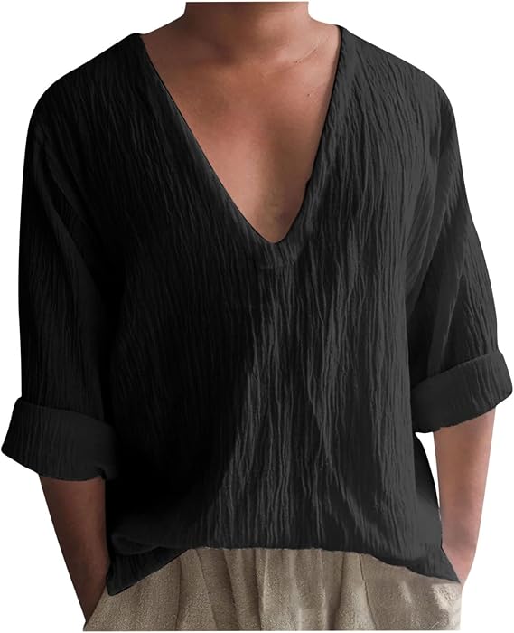 Long Sleeve Shirts for Men Fashion Soft Comfy V Neck Cotton Linen T Shirt Casual Stylish Work Beach Pullover Tees