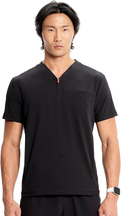 Infinity Cherokee Men's Partial Zip V-Neck Scrub Top with 3 Pockets Rib-Knit Side Panels IN702A