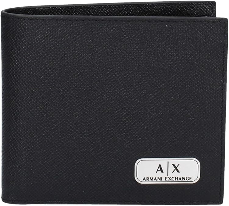 Armani Exchange A|X mens Plate Logo Saffiano Leather Bifold Wallet, Black, Small US