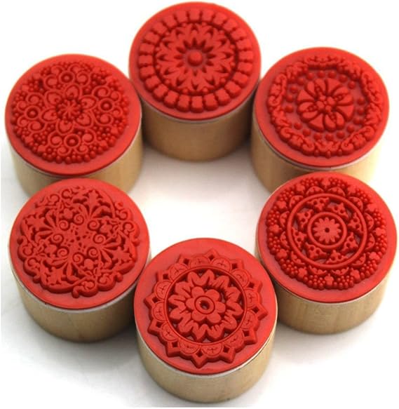 DECORA 6 Pieces Floral Pattern Round Wooden Rubber Stamp for Scrapbooking