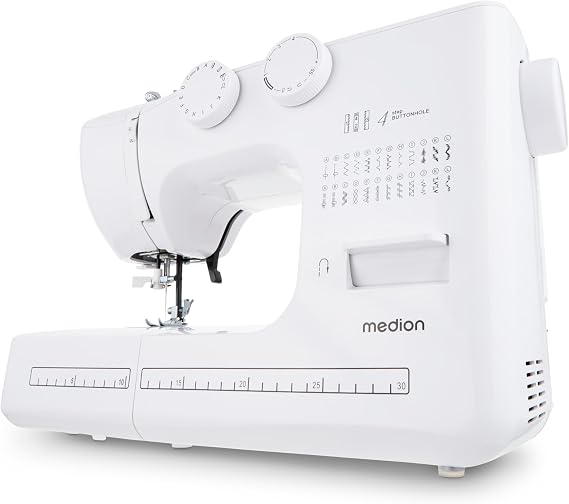 Medion SM60 Free-Arm Sewing Machine (60 Watt 60 Different Stitch Patterns with Buttonholes LED Sewing Light Automatic Threader Reverse Button Thread Cutter MD10689) White