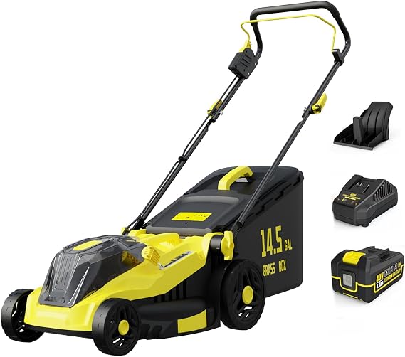 20V 13" Cordless Electric Lawn Mower with 2.0Ah Battery - Yellow | Brushless Motor, 5-Position Height Adjustment, Battery Powered, 2-in-1 Push Mower for Small and Medium Residential Yards