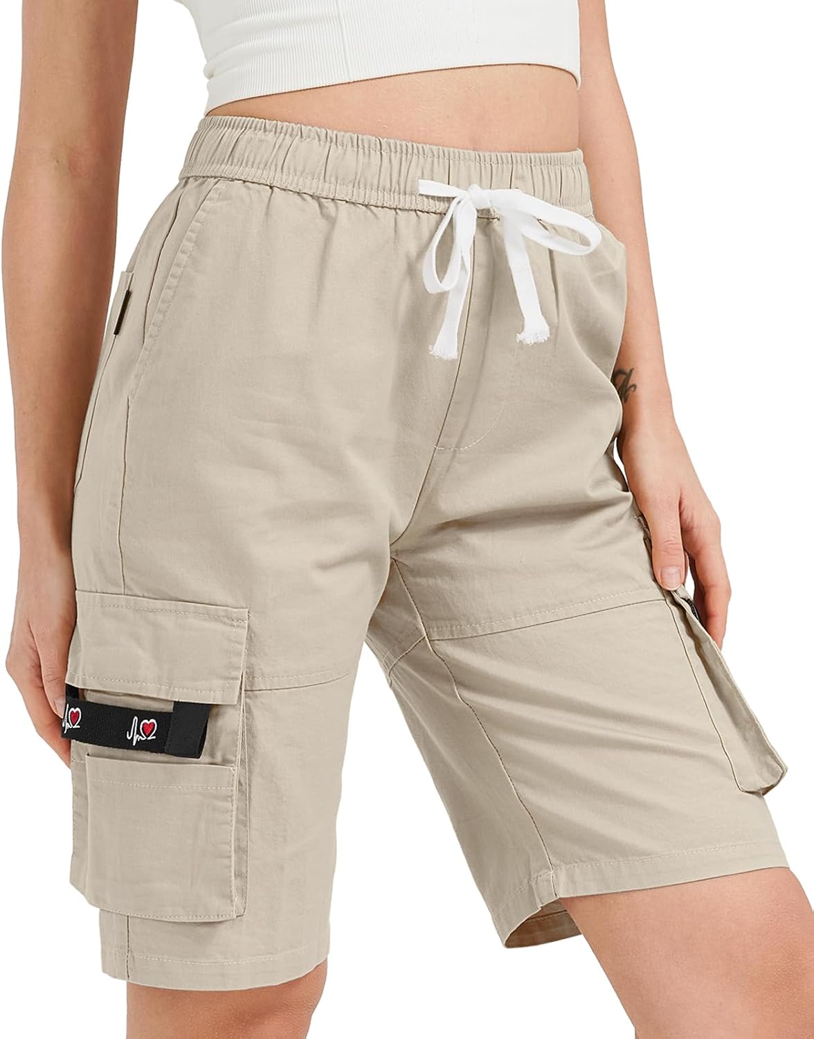 XinYangNi Womens Casual Cargo Shorts with Pockets Elastic High Waist Drawstring Bermuda Shorts for Women