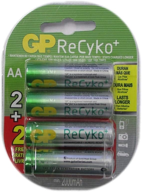 GP Recyko AA NiMH Pre-Charged Rechargable 1.2v 2100mAh 2 Batteries + 2 Free Total of 4 Batteries