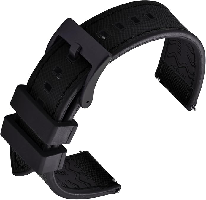 Premium Waterproof Soft Hybrid (FKM/FPM Rubber and Leather) Watch Bands,20 mm 22 mm Quick Release Watch Straps, Silver/Black Brushed Buckle Replacement Strap for Men
