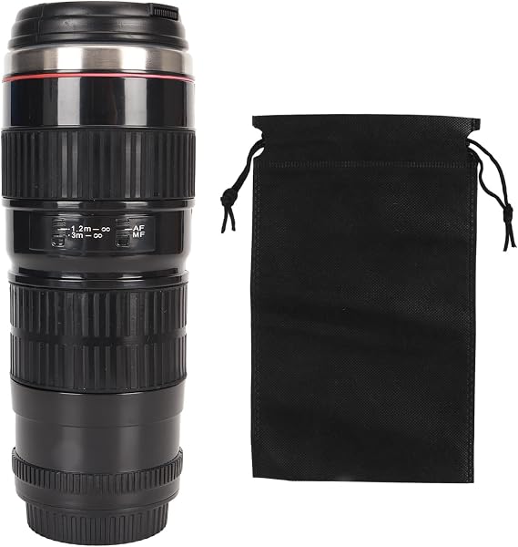 Jeanoko Camera Lens Mug, Stainless Steel Coffee Mug with Sealed Lid for Photographers - Travel Coffee Cup for Men & Women (Black)