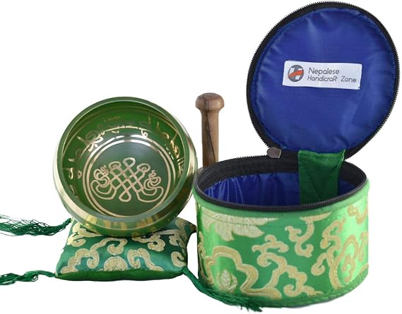 Color Singing Bowl Set with free stick and cushion by Nepalese Handicraft Zone (Green)