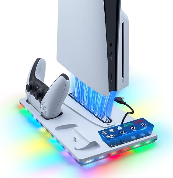 PS5 / PS5 Slim / PS5 Pro için Dikey Soğutma Standı, USB'li PS5 Çift Kumanda için Şarj Standı/3 Kademeli Fan/RGB Işık PS5 UHD ve Dijital / PS5 Slim Disk ve Dijital için