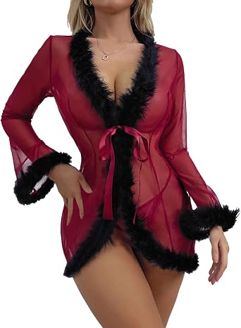 Women Lace See Through Lingerie Robe Sexy Nightgown Long Sleeve Fuzzy Kimono Robes Mesh Chemise Sleepwear