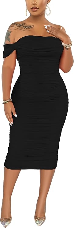 Fooullaide Women's Sexy Off Shoulder Sleeveless Bodycon Ruched Midi Dress