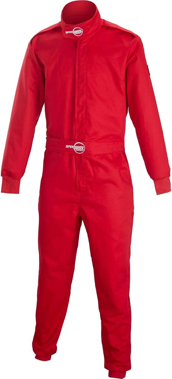 Speedway Motors Red Economy Racing Suit, Medium, SFI 3.2A/1 Single Layer Fire Resistant One-Piece FRC Design with Adjustable Cuffs, Pockets and Unisex Fit