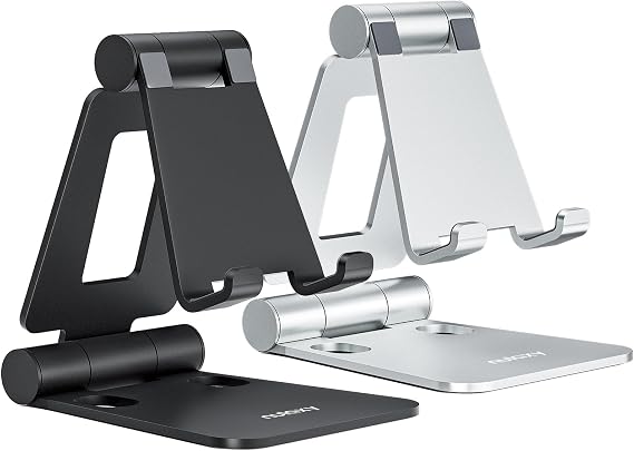Nulaxy 2 Pack Aluminum Dual Folding Cell Phone Stand for Desk, Black&Silver