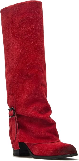 Fold Over Knee High Boots for Women Retro Suede Round Toe Chunky Block Heel Buckle Strap Fall Winter Boots