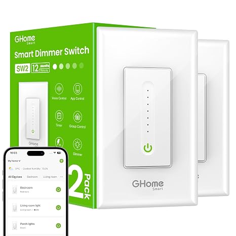 GHome Smart Dimmer Switch - Single Pole 2.4GHz Wi-Fi Smart Dimmer Switch Compatible with Alexa and Google Home, White 2 Pack