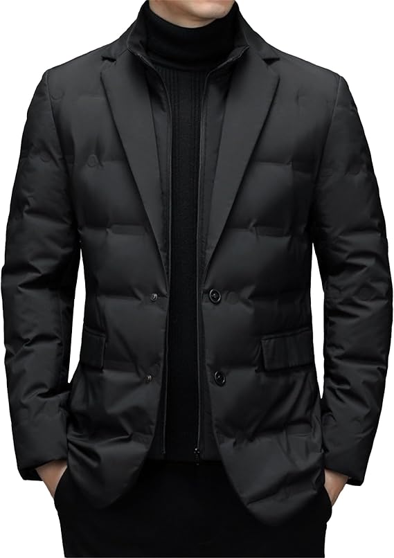 Men's Lapel Suit Insulated Puffer Jacket Thermal Business Padded Puffy Coat Warm Slim Casual Solid Color Blazer (Black,X-Large)
