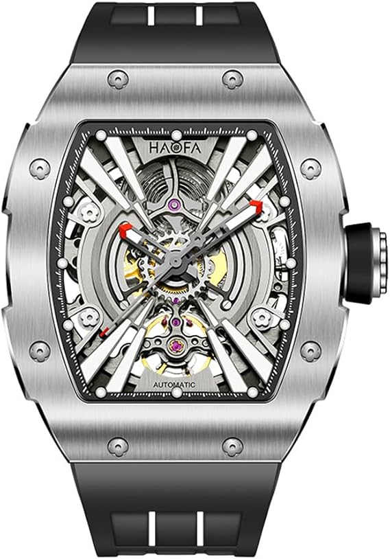 Haofa Men's Skeleton Watch, Automatic Mechanical Watch, 316L Stainless Steel Case, Titanium Watch, Men's Baseball Watch, Barrel Shape, Tonneau Shape, Business Fashion, Gift for Men, Black, Glam