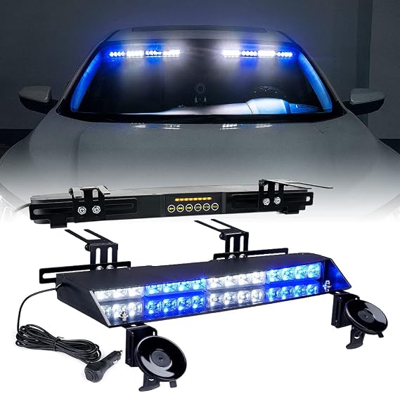Xprite LED Dual Visor Strobe Light Bar, Windshield Sunvisor Emergency Warning Flashing Police Lightbars w/Suction Cup & Control Panel, for POV Volunteer Firefighter Vehicles Trucks - White Blue