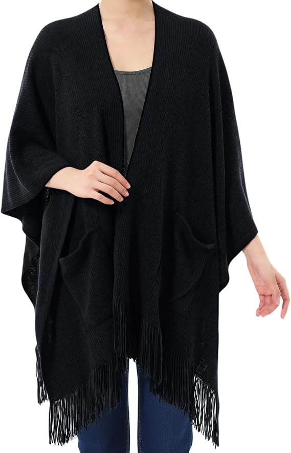 Cutecrop Knitted Poncho for Women, Shawl Wraps with Pockets, Open Front Fringe Winter Shawl with Tassel, Gift for New Year