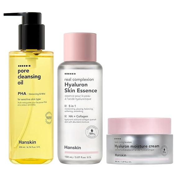 Hanskin Glass Care Trio PHA Pore Cleansing Oil, Hyaluron Skin Essence & Moisture Cream | 3-Step Korean Skincare Set for Sensitive, Dry & Combination Skin | Hydration, Pore Care & Gentle Exfoliation