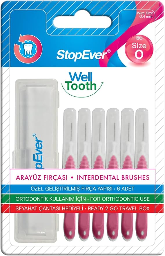 StopEver Well Tooth Arayüz Fırçası Size 0 | 0.4 mm Pembe, İnce Telli Diş Arası Fırçası, Taşıma Kutusu Hediyeli | Ortodontik Kullanıma Uygun | 6 Adet