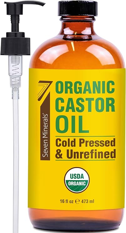 Seven Minerals USDA Organic Castor Oil - Big 16 oz Glass Bottle with Pump - 100% Pure Cold Pressed Unrefined Hexane Free - for Hair Growth, Eyelashes, Eyebrows, Skin, Cuticles & Caster Oil Packs