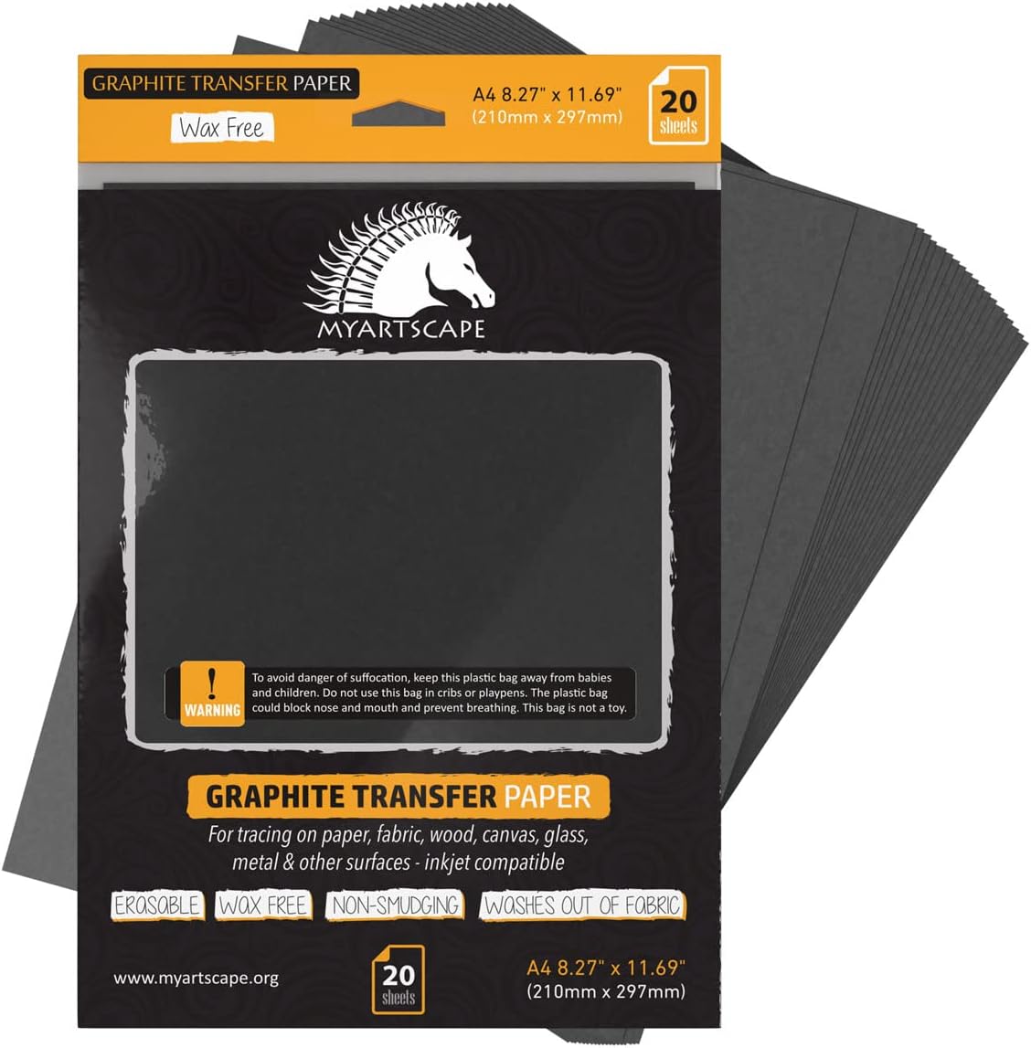 MyArtscape Graphite Transfer Paper, 20 Black Sheets - Wax Free - Erasable - Smudge-Free - Ideal for Drawing, Tracing and Watercolor Transfer - Premium Arts and Crafts Supplies