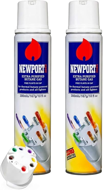 Newport Zero Butane Fuel Refill, 300ml Ultra Refined Lighter Fluid, Near Zero Impurities, Universal Lighter Refill with 8 Adapter Tips & 2 Bonus Flints for Kitchen Torches, Refillable Lighters