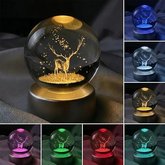 Senon Geyik Kristal Cam Küre Renk Değiştiren LED Işıklı Gece Lambası Dekoratif Hediyelik [Enerji Sınıfı A+++]