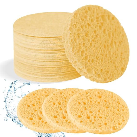 50-Count Facial Sponges Compressed Natural Cellulose Sponge Round Shape Face Sponge for Face Cleansing Exfoliating and Makeup Removal, Yellow