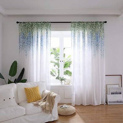 BOYOUTH Wisteria Flower Pattern Print Voile Sheer Curtains Rod Pocket Window Treatment Drapes Panel for Bedroom Living Room,Blue,39x106-Inches,2 Panels
