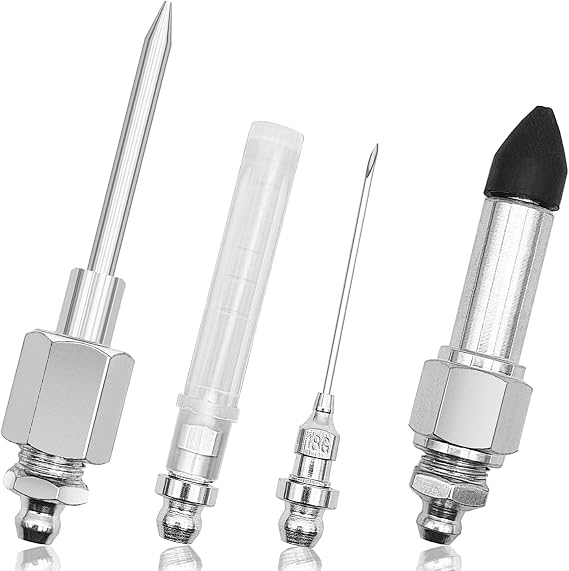 4pcs Grease Gun Needle Tips Accessories Kit, 2 Grease Needle Nozzles + 1 Grease Needle Dispenser + 1 Rubber Nipple Adapter Grease injector Narrow Tight Spaces Needle Point Tip Fitting Tool Coupler