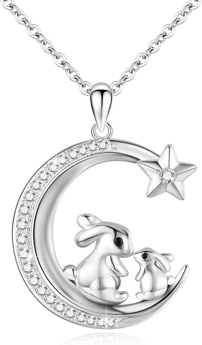S925 Sterling Silver Bunny Rabbit/Owl/Flamingo/Panda/Unicorn Necklace Crescent Moon Pendant Cute Animal Jewelry Gifts for Women Girls