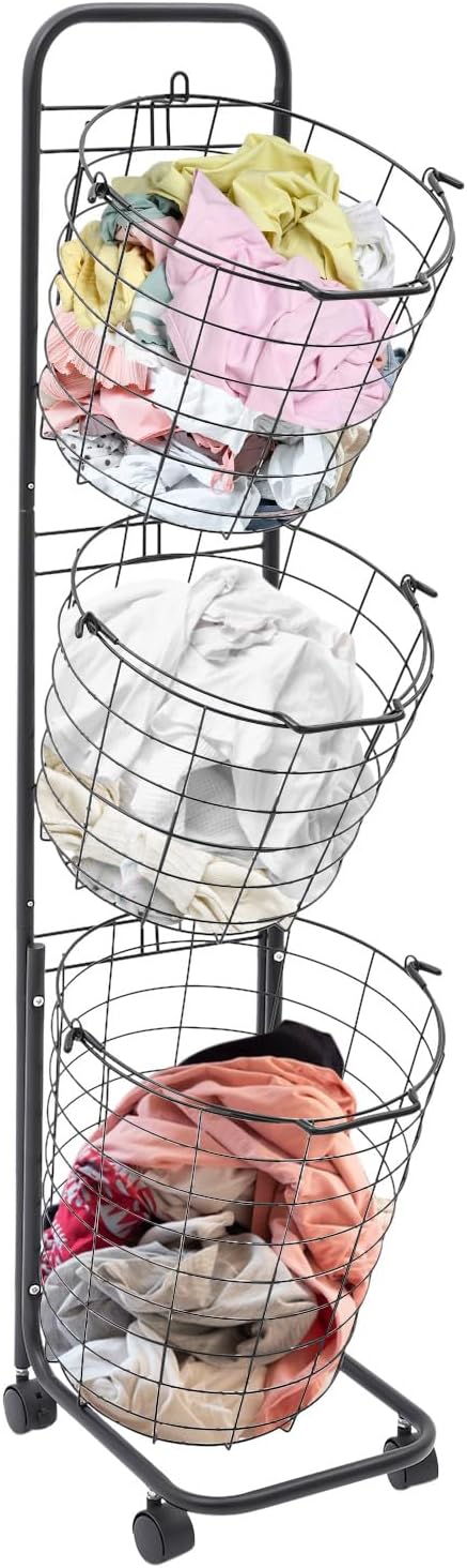 Laundry Hamper Basket Sorter-Metal, 3 Tier Laundry Sorter Cart W/Heavy Duty Lockable Rolling Wheels, Wash Clothes Storage Basket Organizer Shelf Space Saving For Bathrooms Bedrooms (Black)