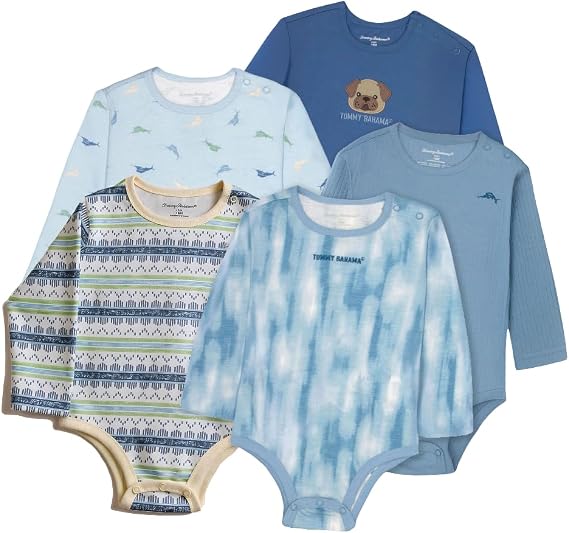 Tommy Bahama Baby 5-Piece Onesie Set - 100% Cotton Long Sleeve Bodysuit 5-Pack for Infant Boys and Girls