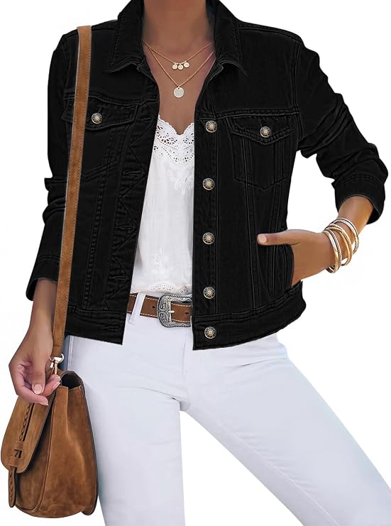 luvamia Women's Basic Button Down Stretch Fitted Long Sleeves Denim Jean Jacket